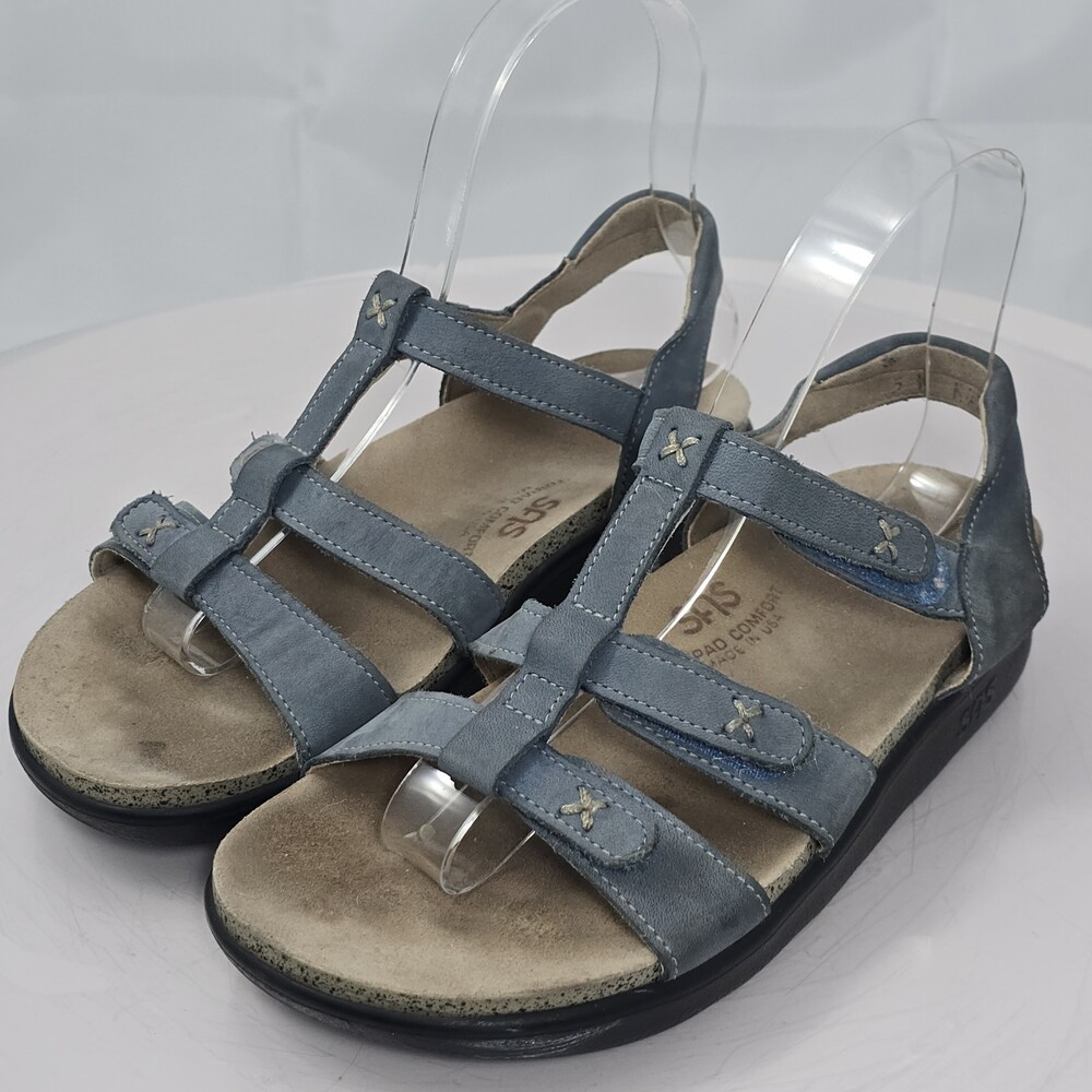 SAS Sorrento Wom 5 W/Wide Blue T Strap Leather Comfort Sandals Strappy/Wedge